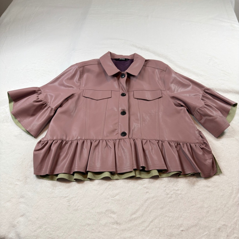 TOV Los Angeles Faux Leather Ruffle Jacket‎ Womens 44 Rose Pink Excellent Flared